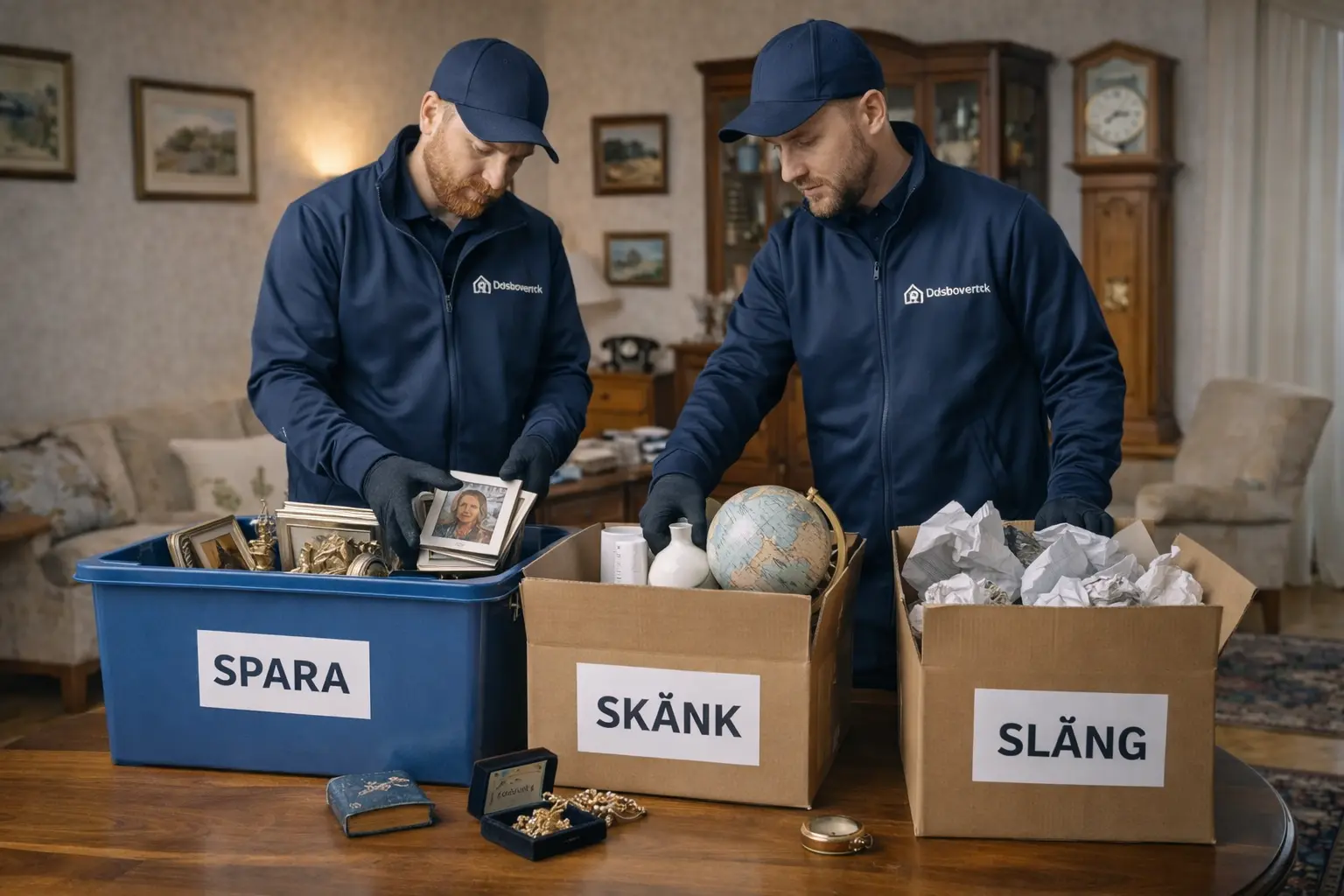 Sortering av bohag i lådor märkta Spara, Skänk och Släng i ett vardagsrum.