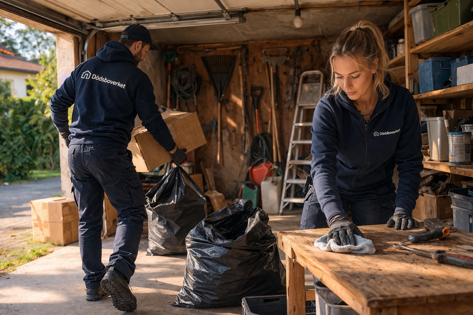 Medarbetare tömmer ett garage på lådor och sopsäckar vid dödsbotömning.