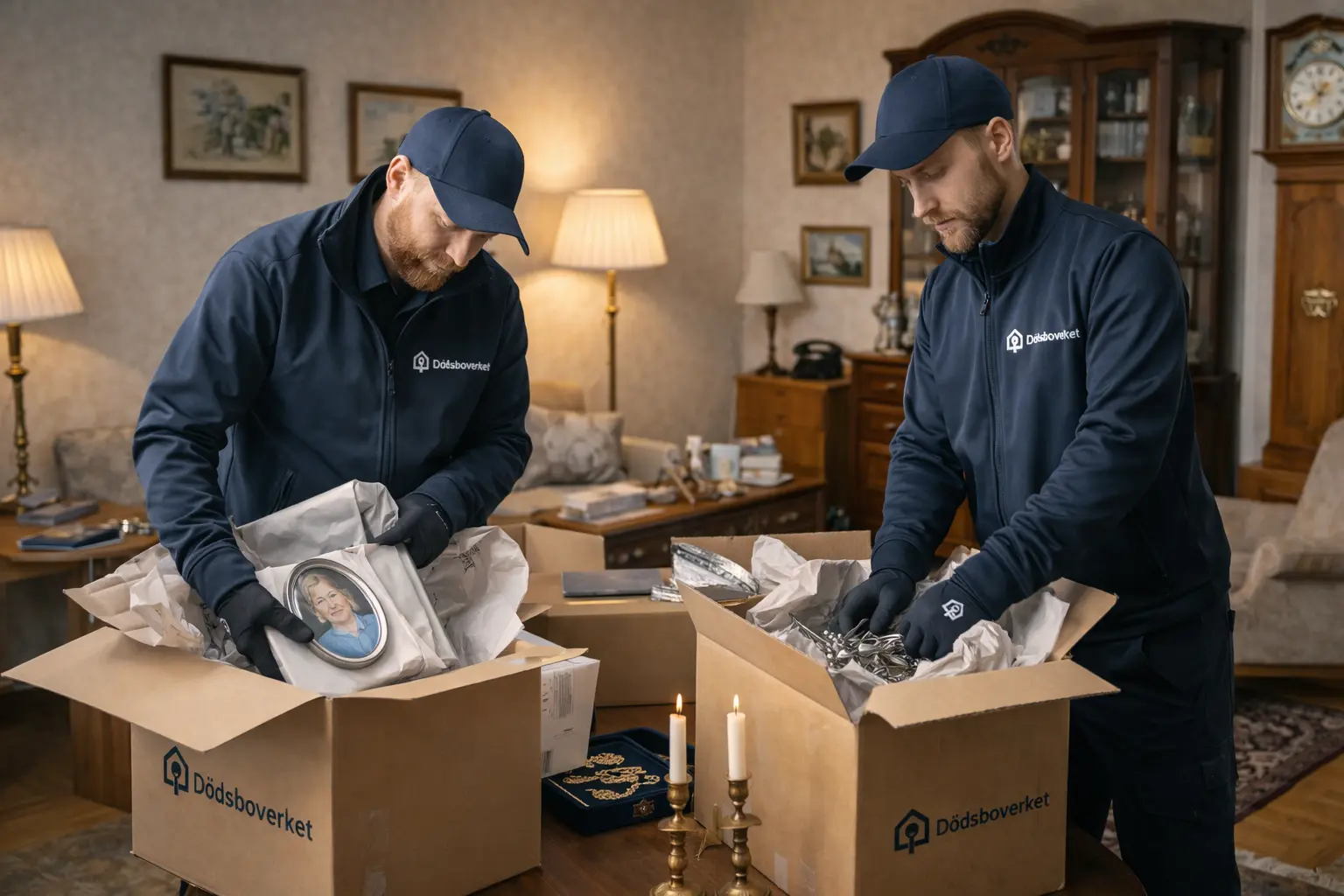 Två medarbetare packar varsamt porslin och tavlor i lådor vid dödsbotömning.