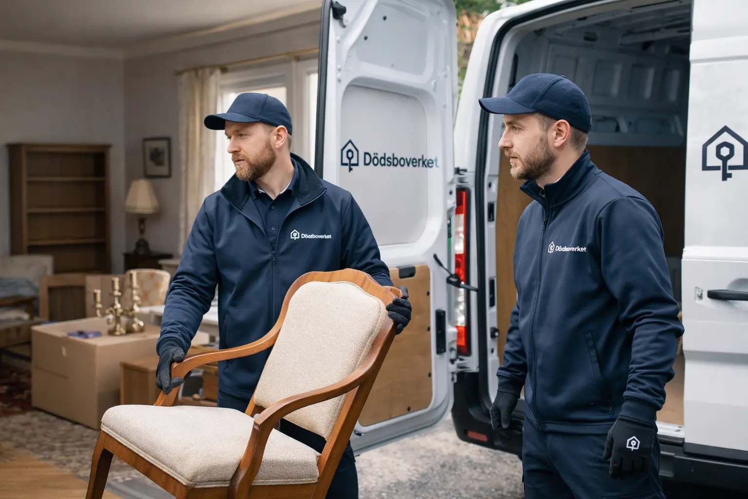 Medarbetare bär ut en fåtölj till en skåpbil vid dödsbotömning.