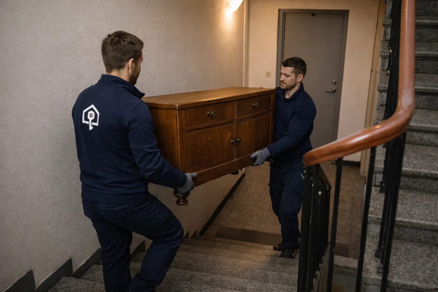 Två medarbetare bär en antik byrå i ett trapphus vid dödsbotömning.