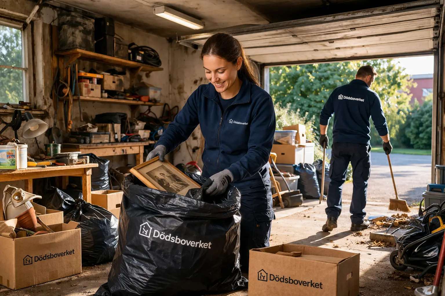 Medarbetare sorterar och sopar i ett garage vid städning av dödsbo.