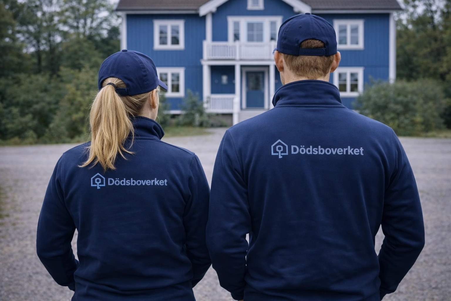 Två medarbetare från Dödsboverket sedda bakifrån framför en blå villa.