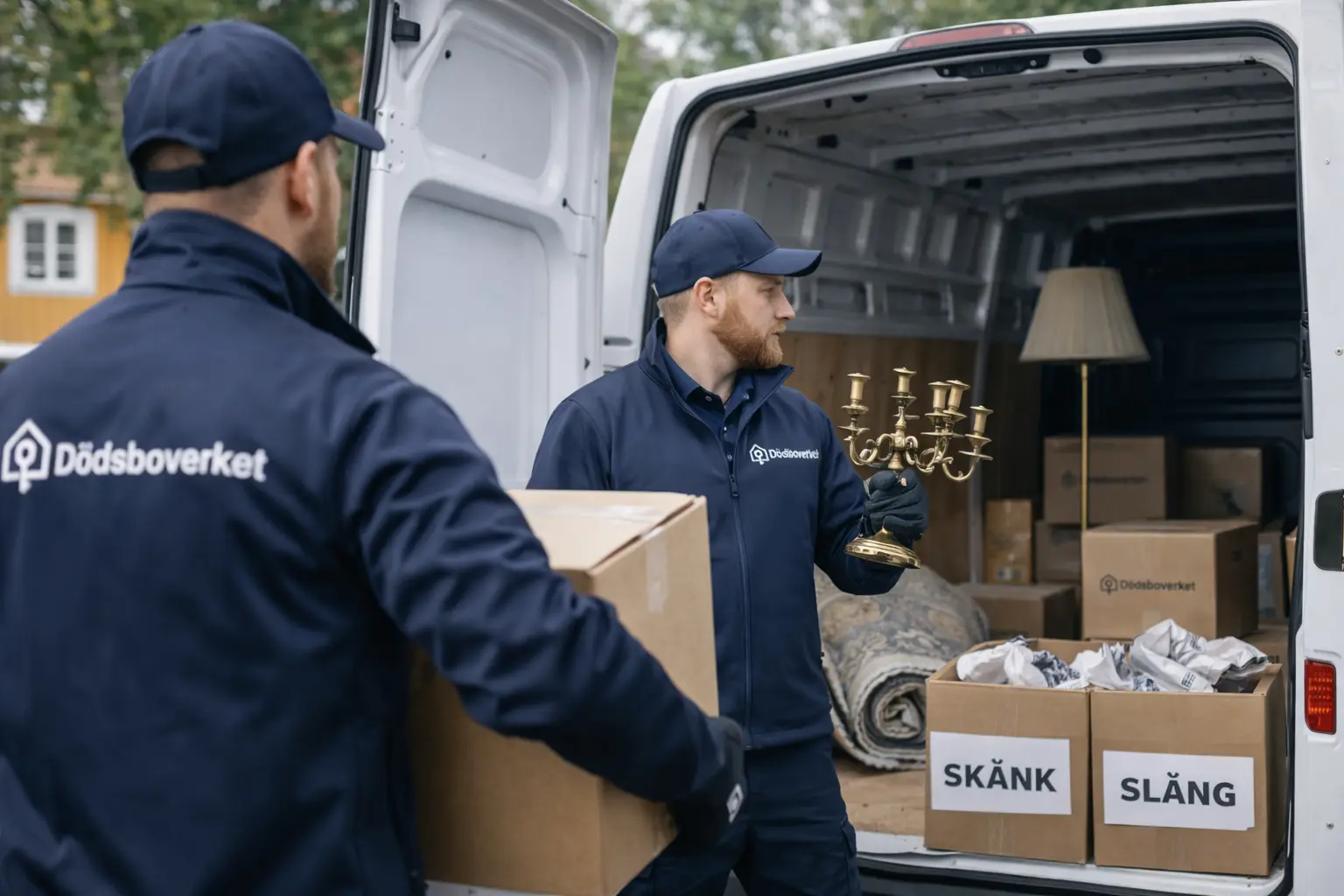 Personal lastar lådor märkta Skänk och Släng i en skåpbil vid dödsbotömning.