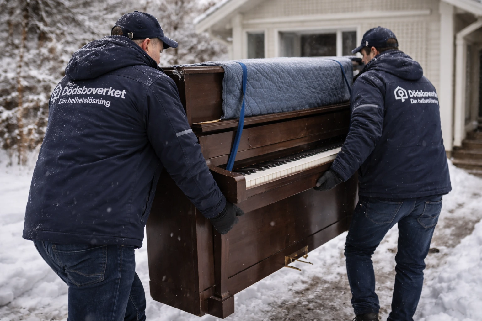 Två medarbetare bär ut ett piano ur ett hus vintertid vid dödsbotömning.