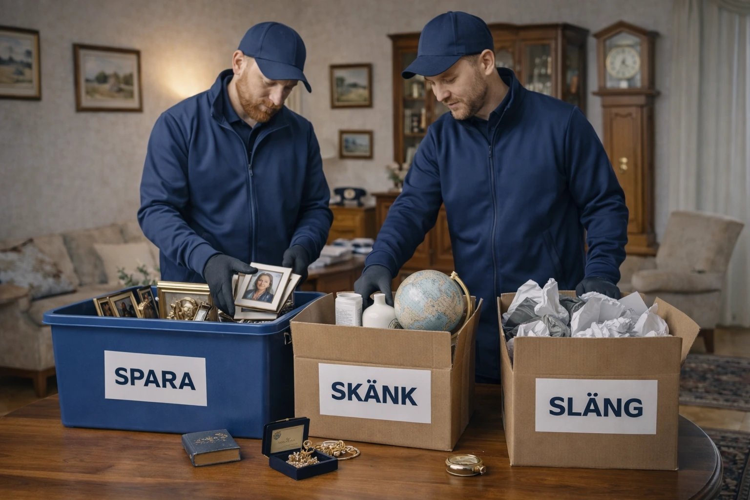 Medarbetare sorterar bohag i lådor märkta Spara, Skänk och Släng vid dödsbotömning.
