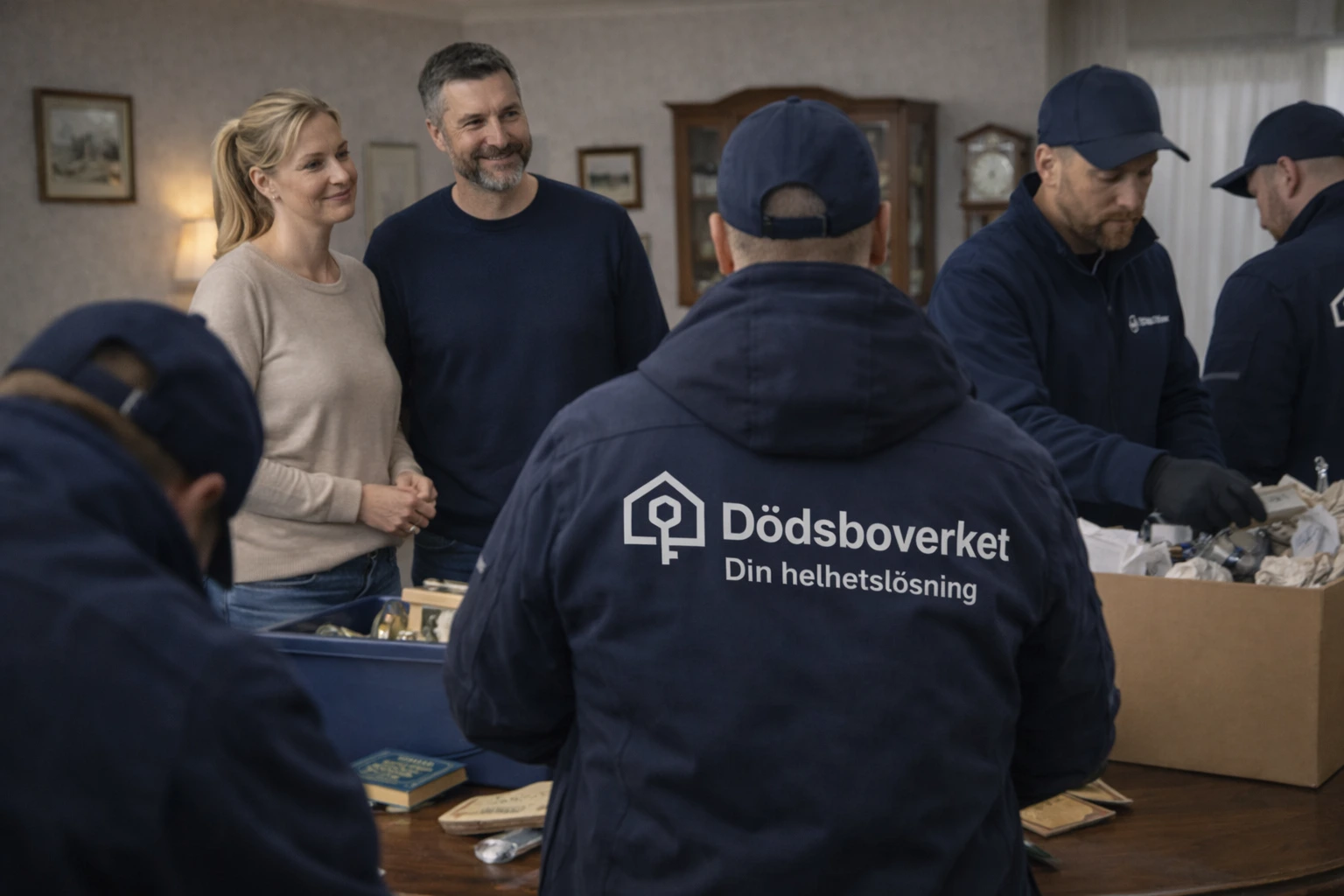 Team från Dödsboverket och anhöriga sorterar bohag tillsammans i hemmet.