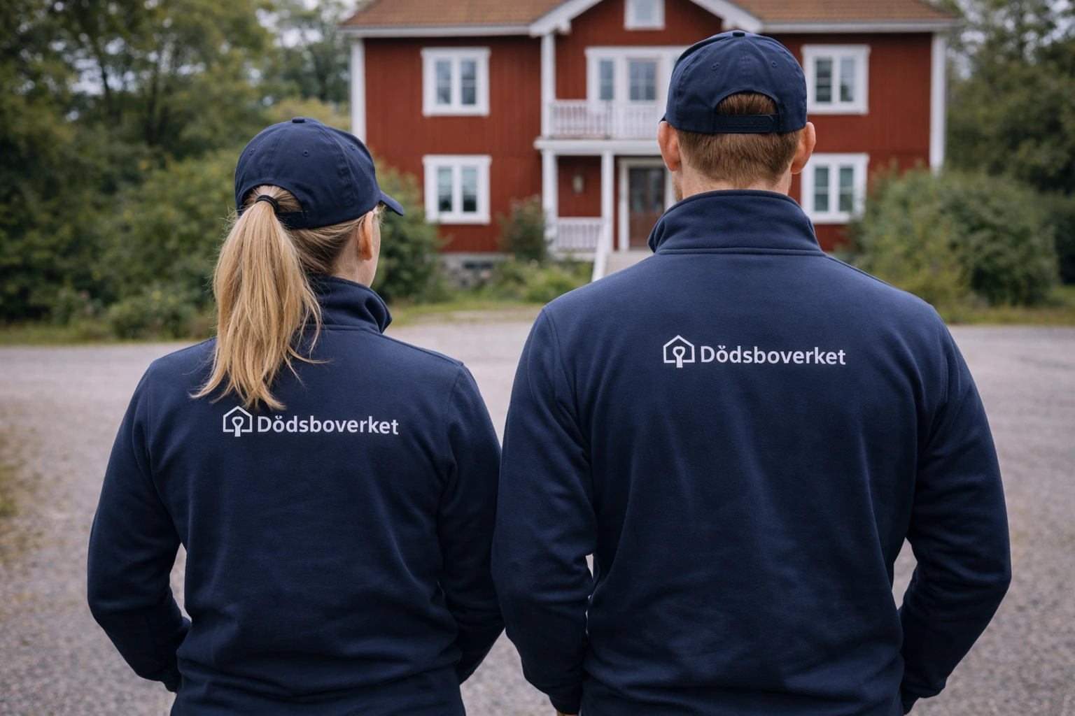 Två medarbetare från Dödsboverket framför ett rött trähus som ska tömmas efter ett dödsfall.