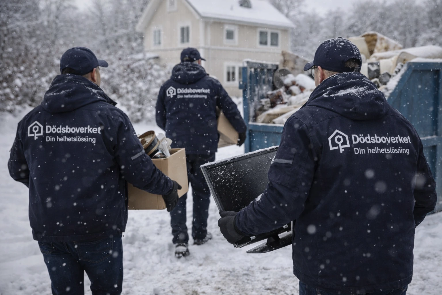 Medarbetare bär ut bohag till en container vintertid vid dödsbotömning.