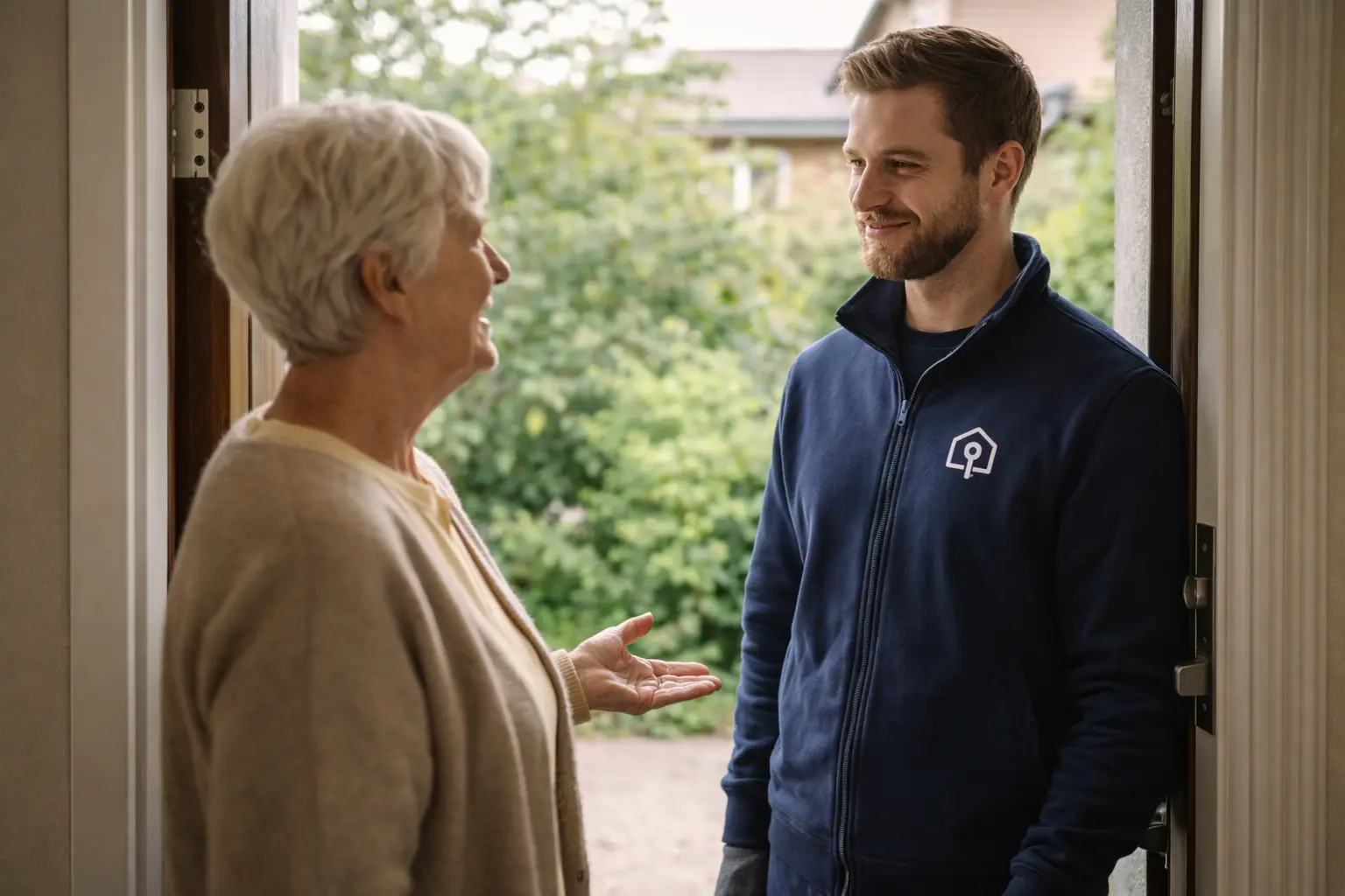 Medarbetare från Dödsboverket möter en äldre anhörig vid ytterdörren inför ett kostnadsfritt hembesök.