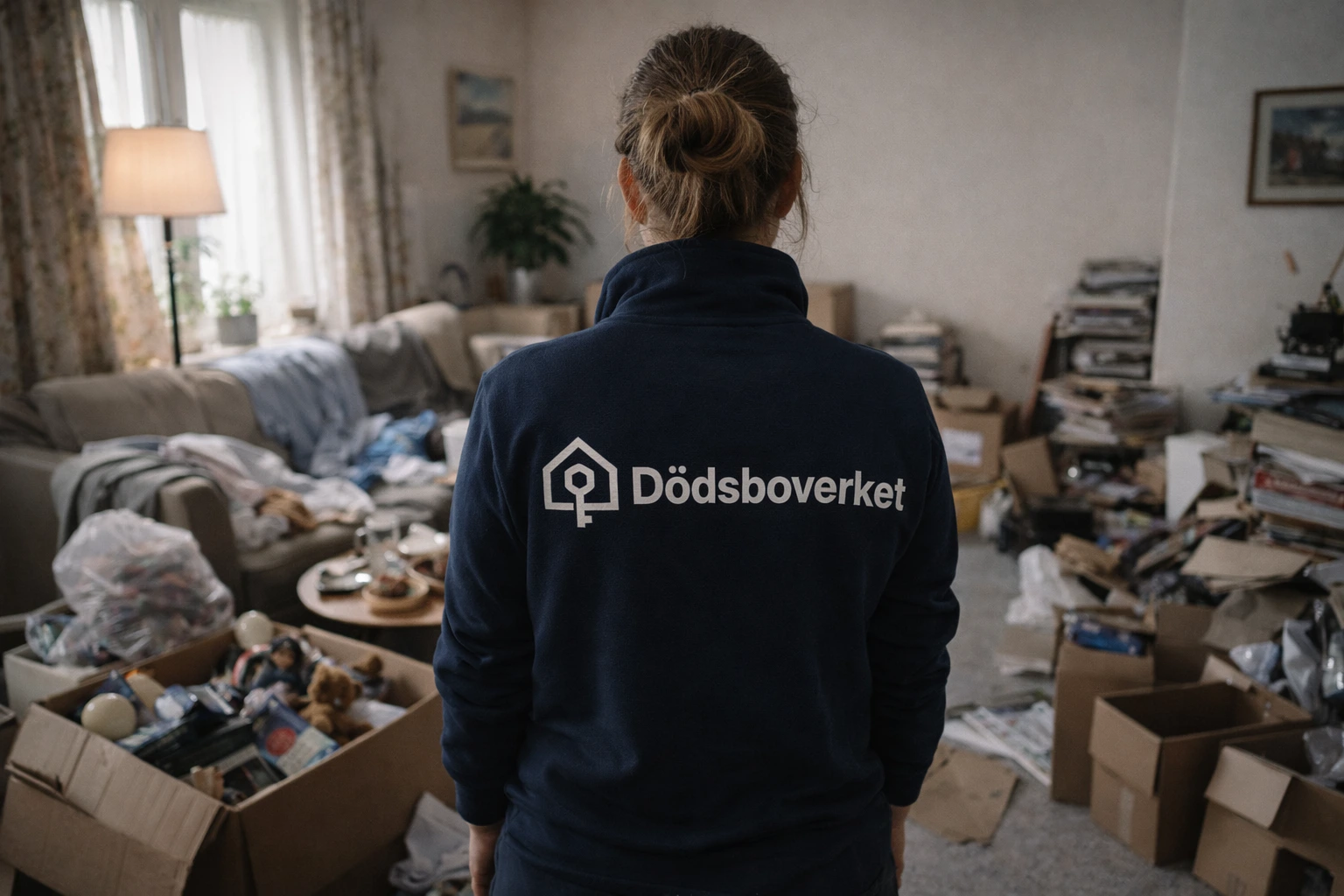 Medarbetare från Dödsboverket i en kraftigt belamrad och nedskräpad bostad inför sanering.