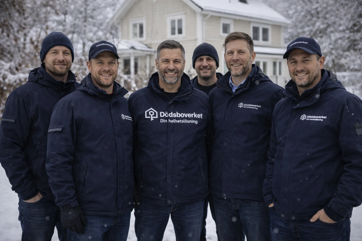 Teamfoto på medarbetare från Dödsboverket i vintermiljö utanför ett hus.