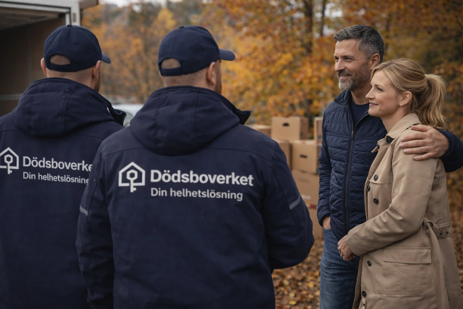 Team från Dödsboverket möter nöjda anhöriga utomhus i höstmiljö efter avslutat uppdrag.